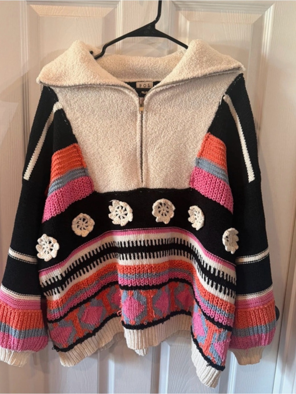 POL Boho Crochet Half-Zip Sweater - Black, Cream, Pink & Orange
